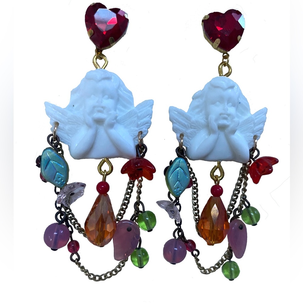 Cupid darling  beaded red green wings angelic love cherub earrings valentines